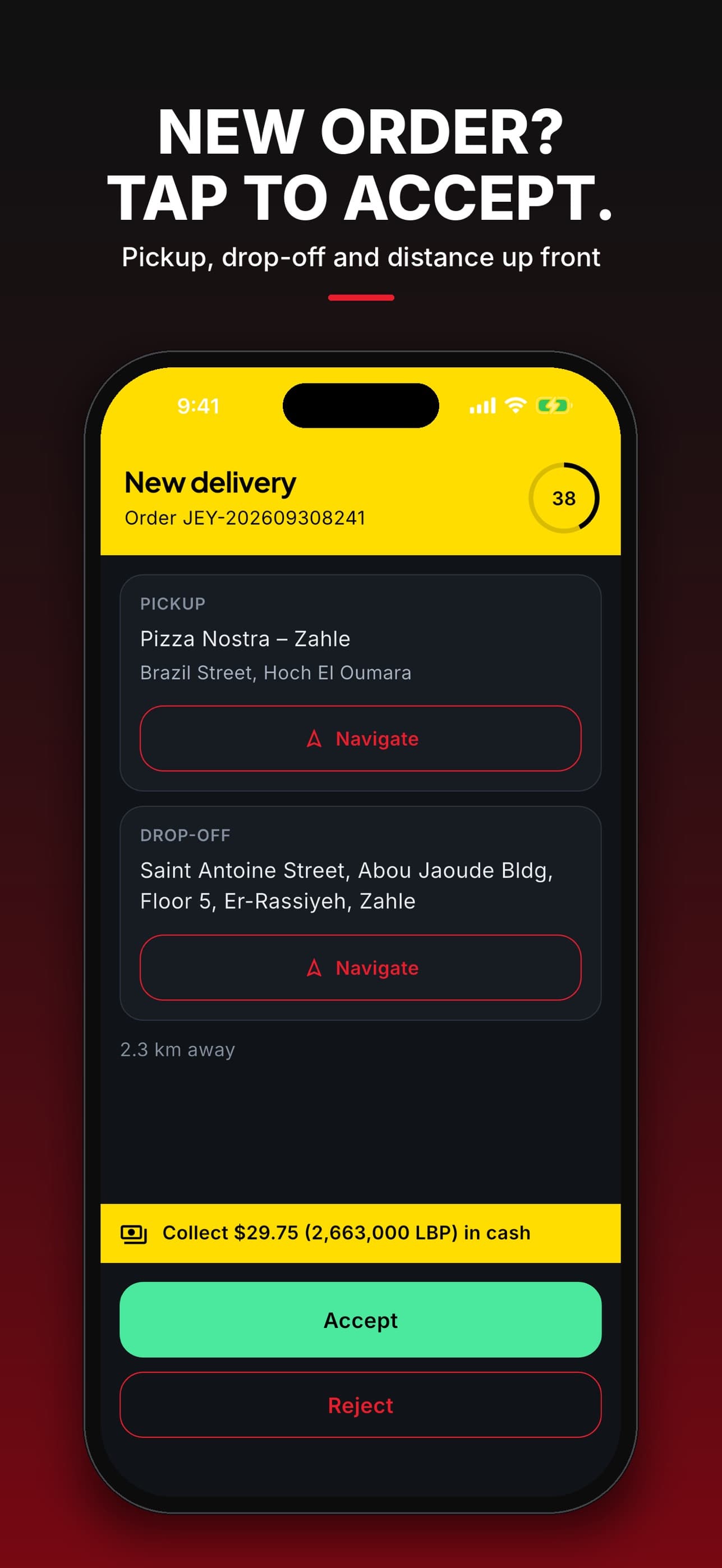 Jeye driver app: new order, tap to accept